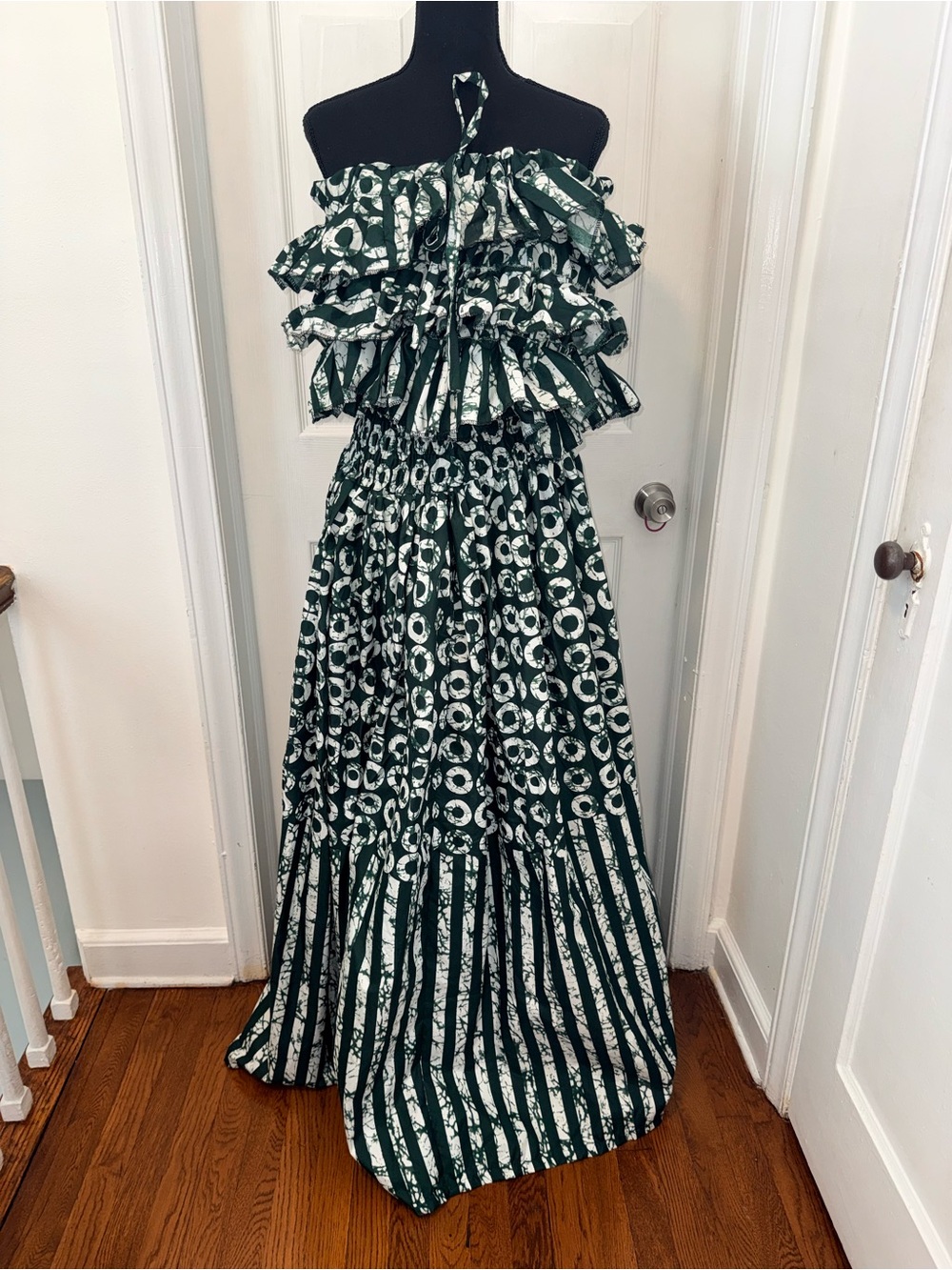 Green & White African Print Off-the-Shoulder Maxi Dress